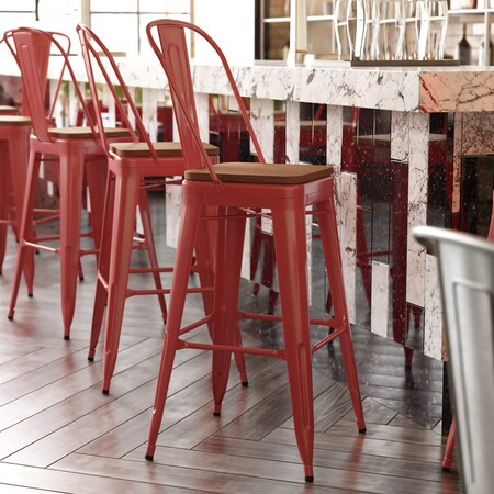 Flash Furniture 30" Red Metal Counter Stool-Teak Poly Seat CH-31320-30GB-RED-PL2T-GG
